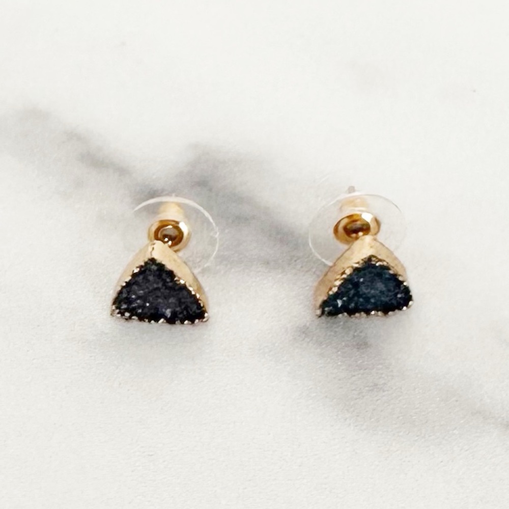 Black Druzy Triangle Stud Earrings Gold Trim